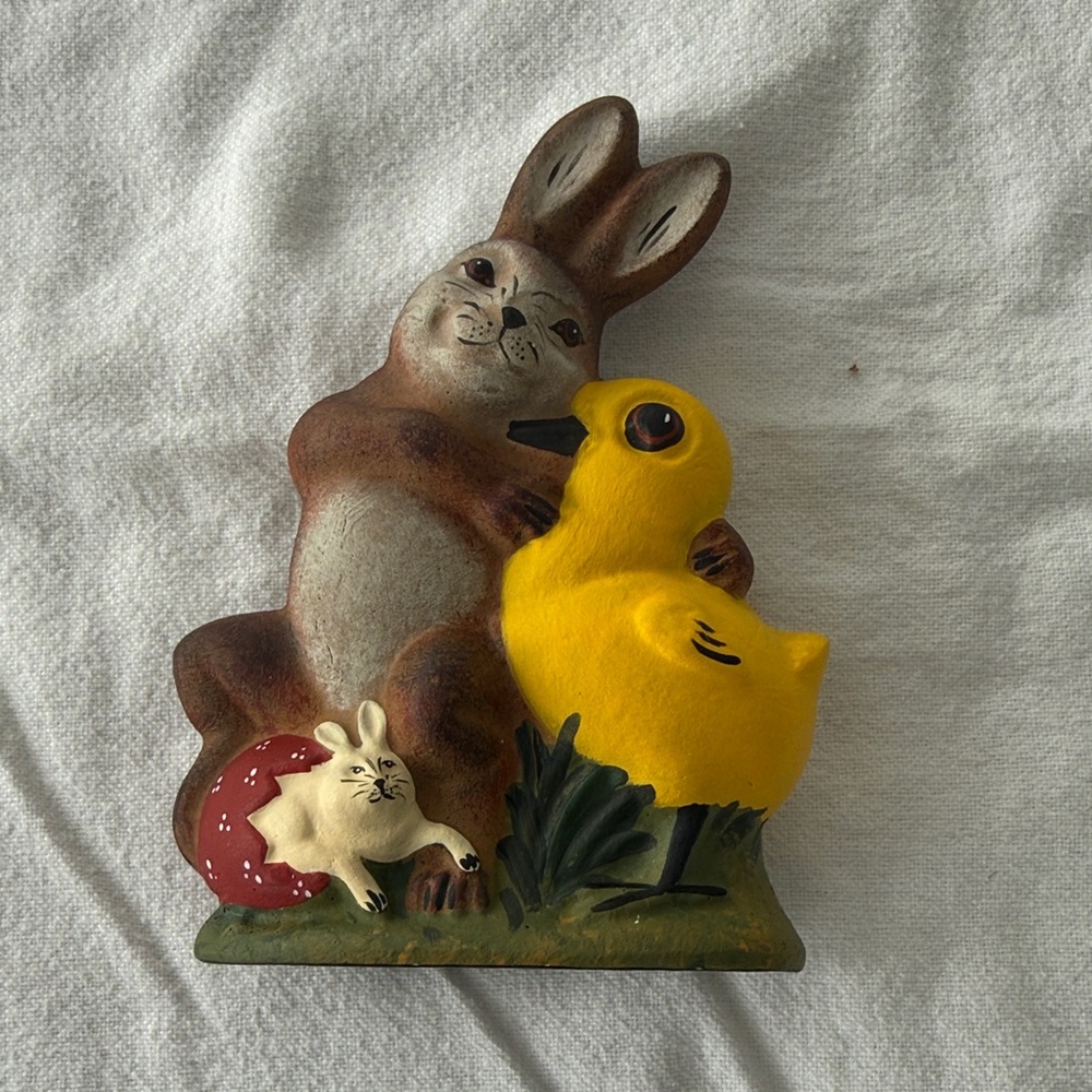Brown bunny with yellow chick chalkware figurine